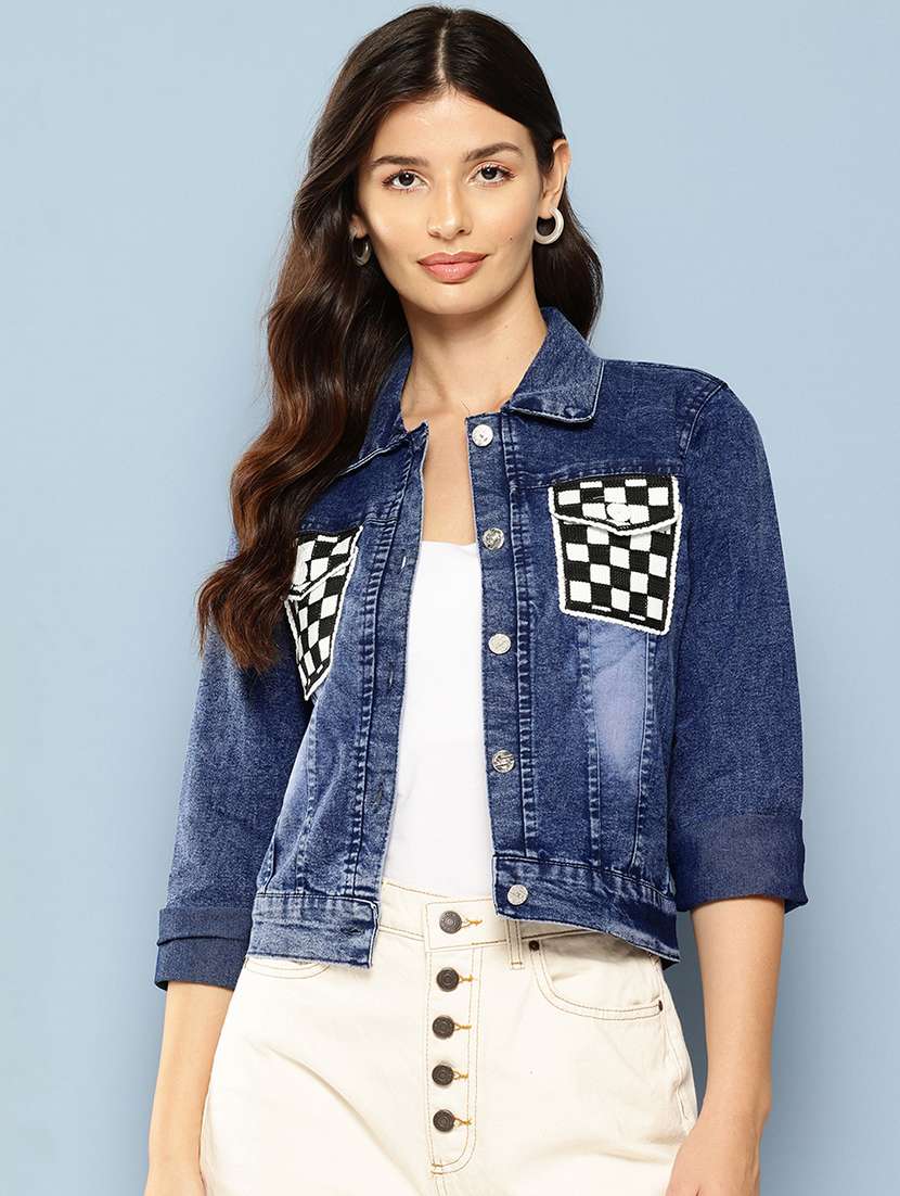 women patched work long sleeve denim jacket