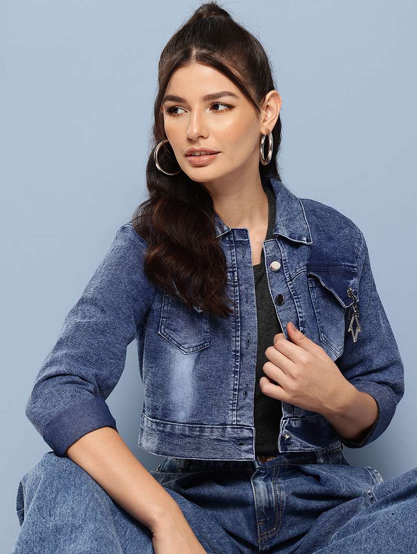 women solid long sleeve denim jacket