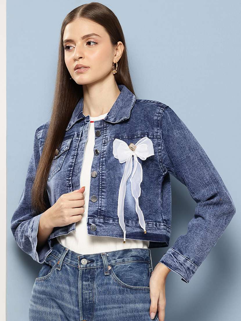 women solid long sleeve embellished bow denim jacket