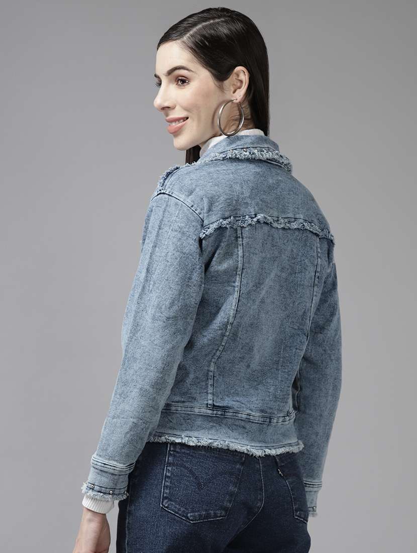 women solid with work long sleeve denim jacket - 22224952 -  Standard Image - 2