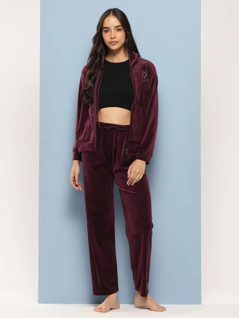 women solid long sleeve hooded velvet co-ord set
