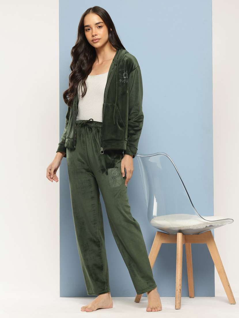 women solid long sleeve hooded velvet co-ord set