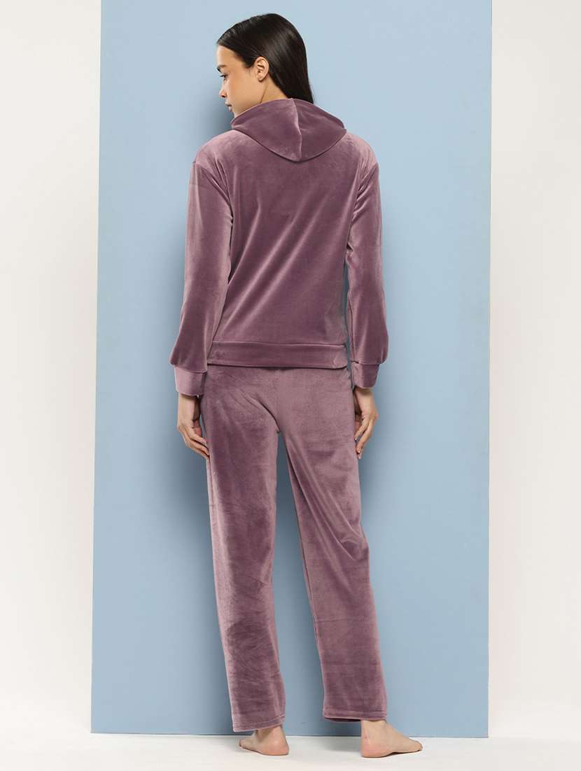 women solid long sleeve hooded velvet co-ord set - 22224957 -  Standard Image - 2