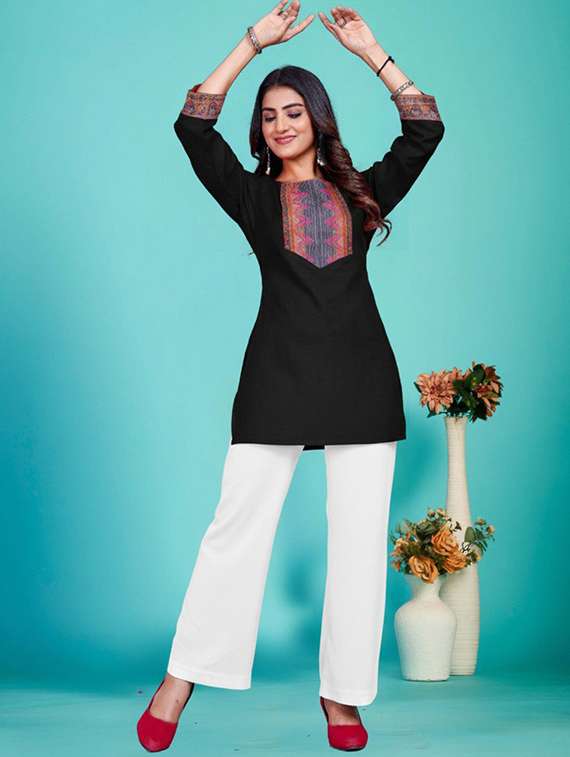 women embroidered three quarter sleeve straight kurti - 22225036 -  Standard Image - 2