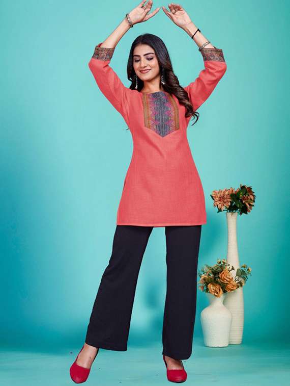 women embroidered three quarter sleeve straight kurti - 22225038 -  Standard Image - 2