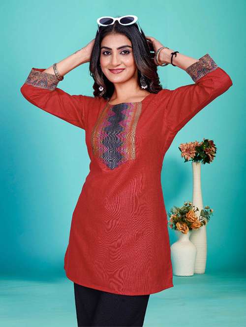 women embroidered three quarter sleeve straight kurti - 22225039 -  Standard Image - 0