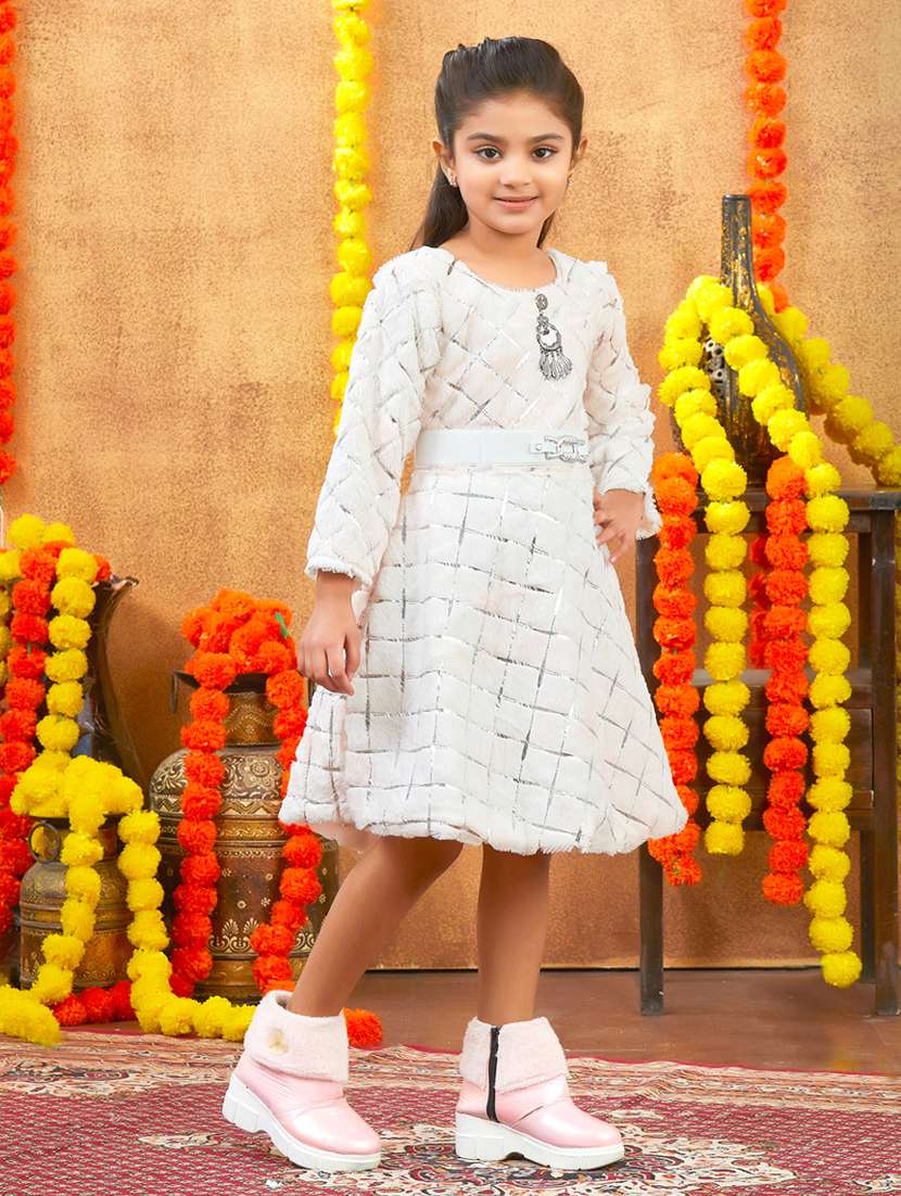 girls foil print round neck fit & flare dress - 22225139 -  Standard Image - 2