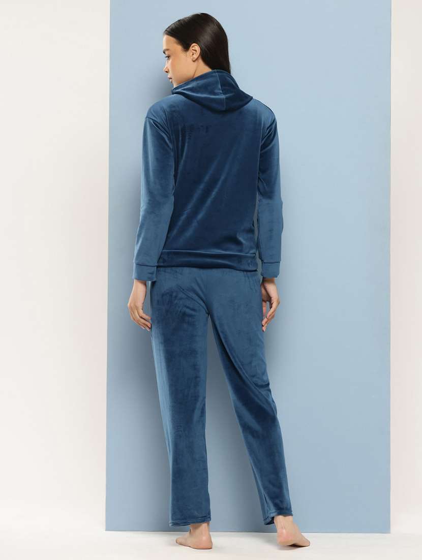 women solid long sleeve hooded velvet co-ord set - 22225143 -  Standard Image - 2