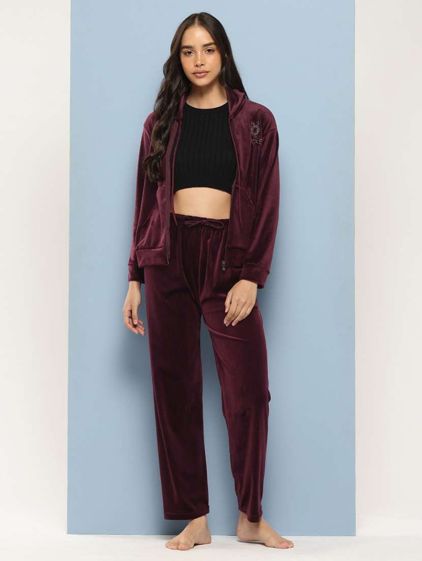 women solid long sleeve hooded velvet co-ord set