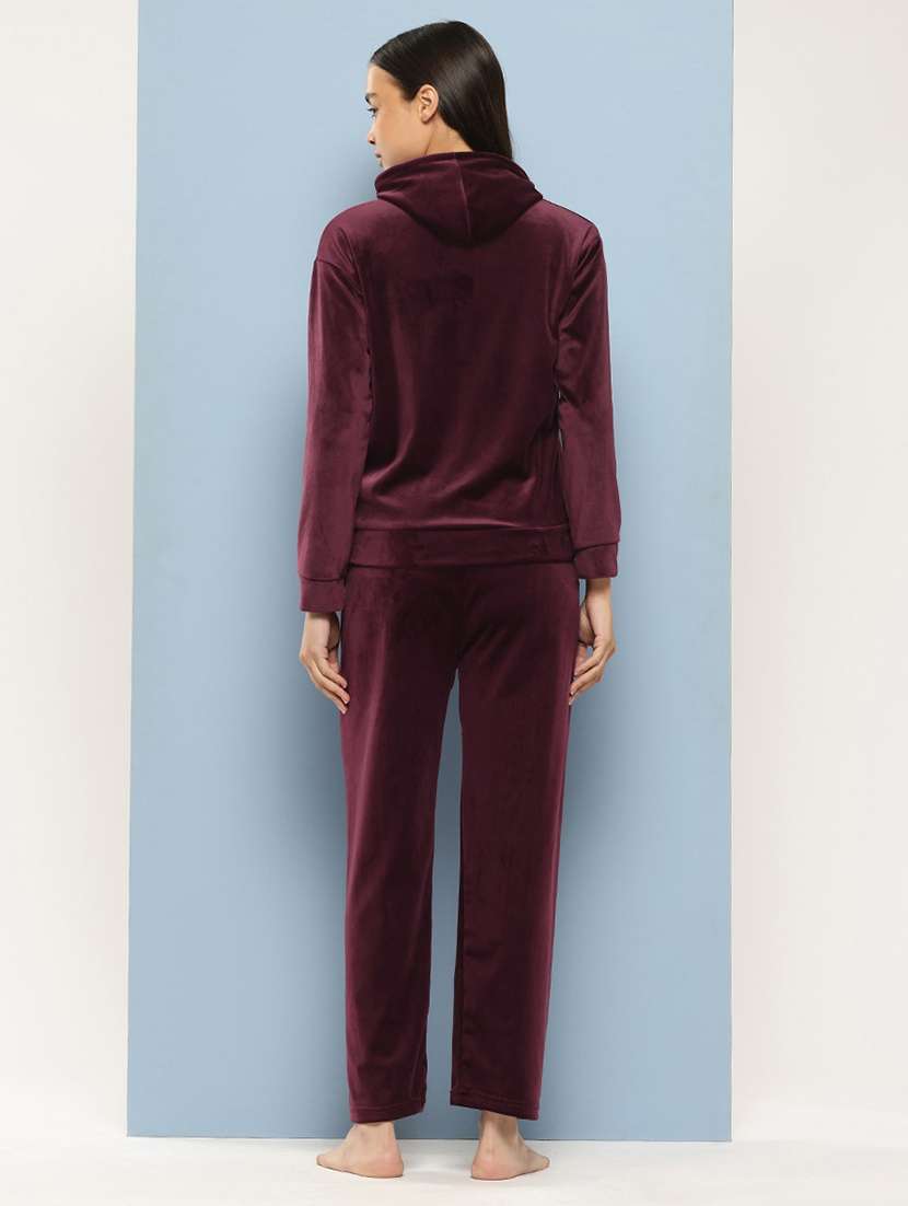 women solid long sleeve hooded velvet co-ord set - 22225144 -  Standard Image - 2