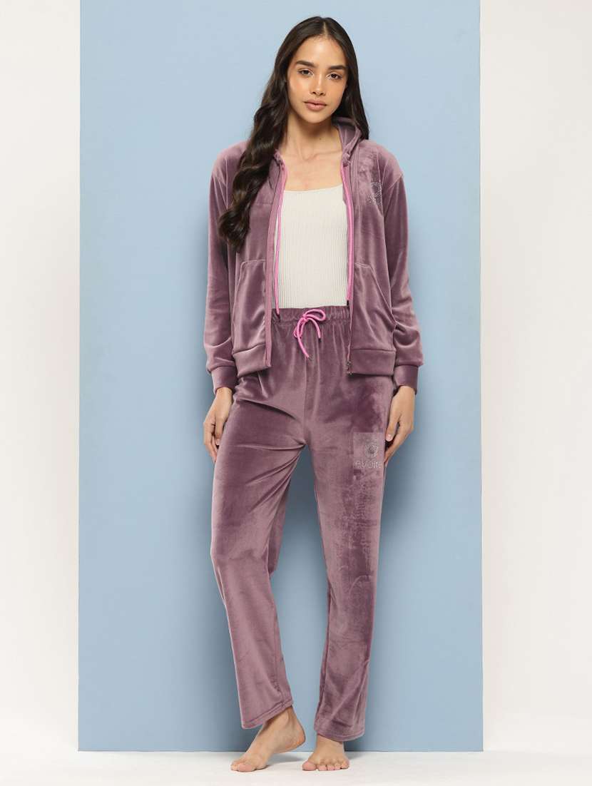 women solid long sleeve hooded velvet co-ord set