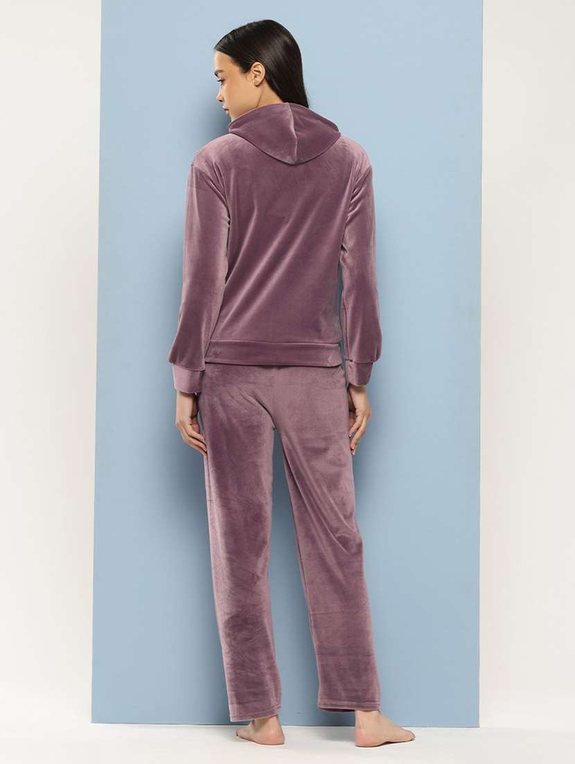 women solid long sleeve hooded velvet co-ord set - 22225146 -  Standard Image - 2
