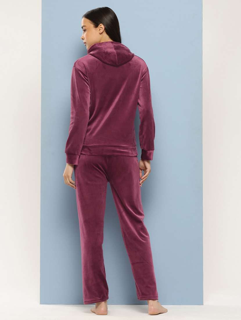 women solid long sleeve hooded velvet co-ord set - 22225147 -  Standard Image - 2
