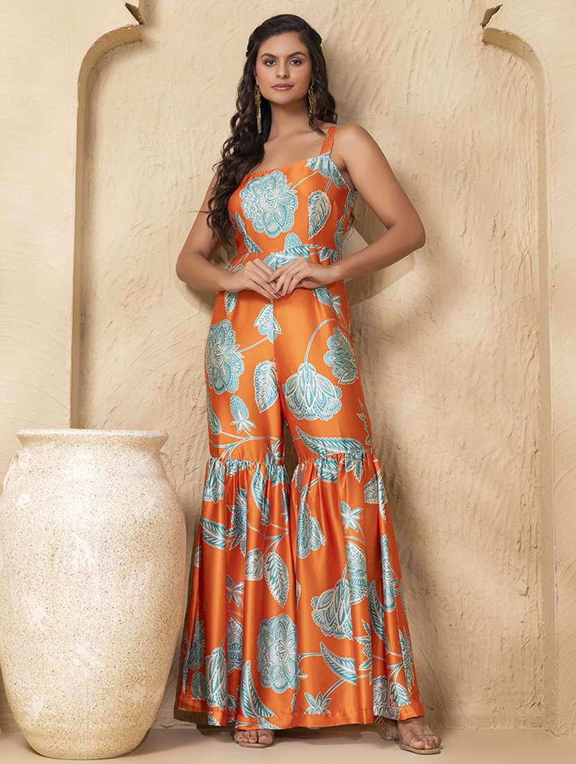 women printed shoulder strap flared jumpsuit