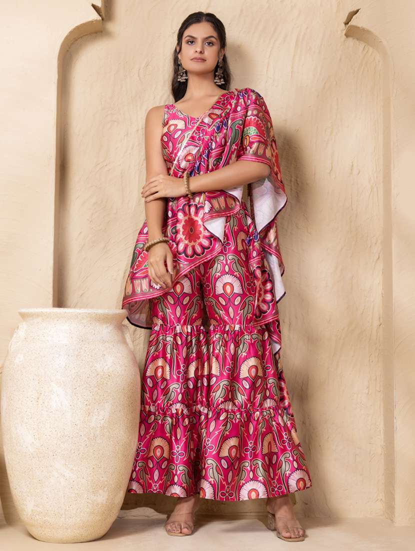 women printed crop top and sharara fusion set
