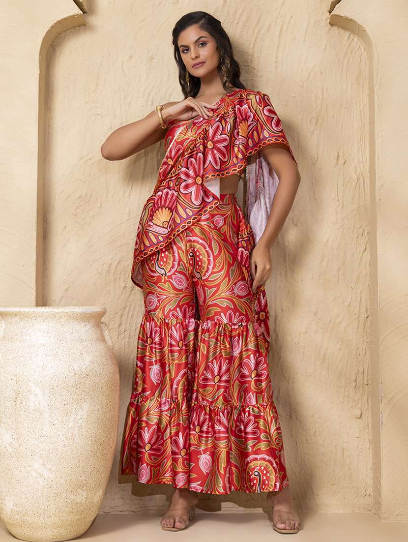 women printed crop top and sharara fusion set