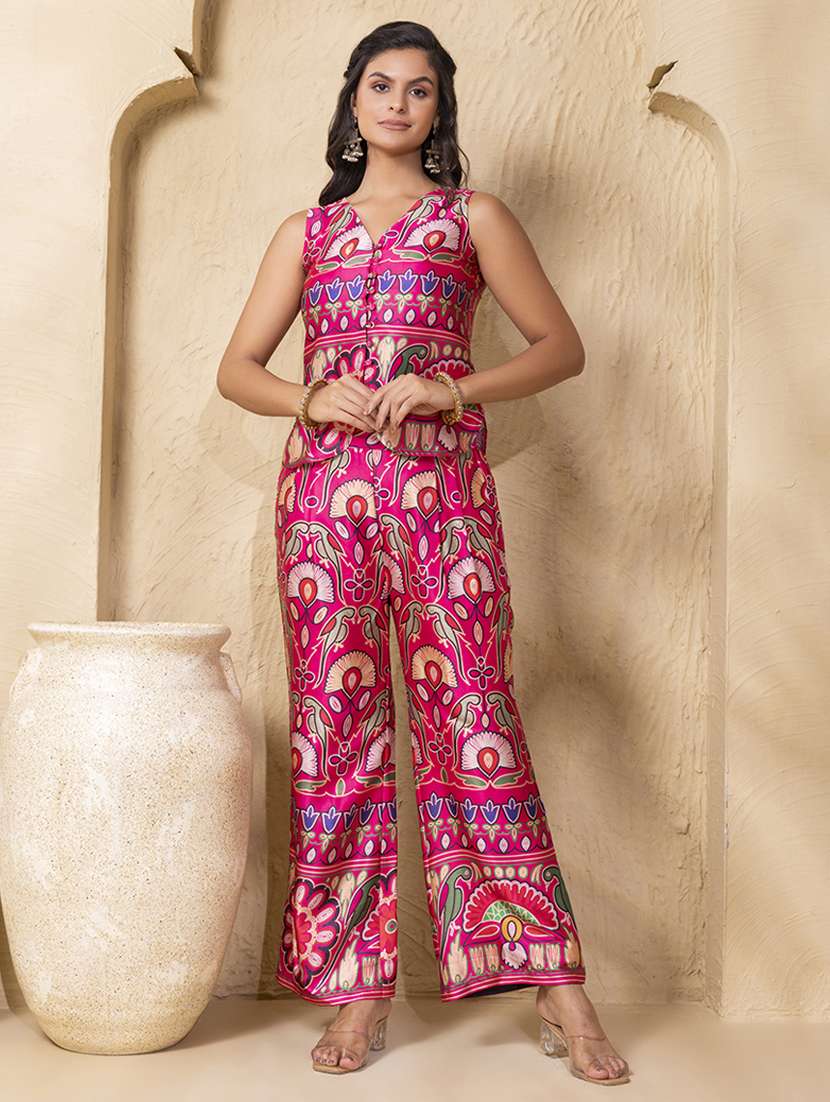 women printed sleeveless ethnic co-ord set