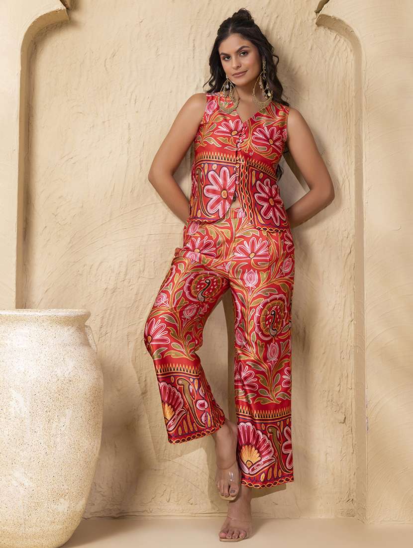 women printed sleeveless ethnic co-ord set