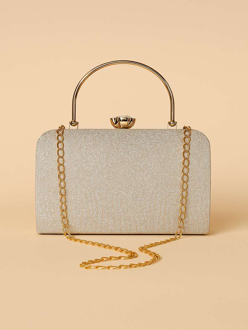 women silver clutch with chain