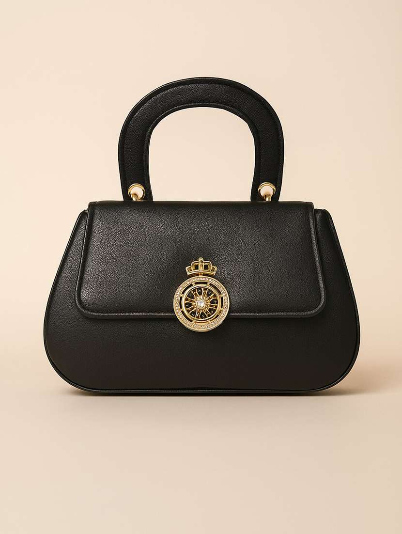 black solid handbag with detachable sling strap