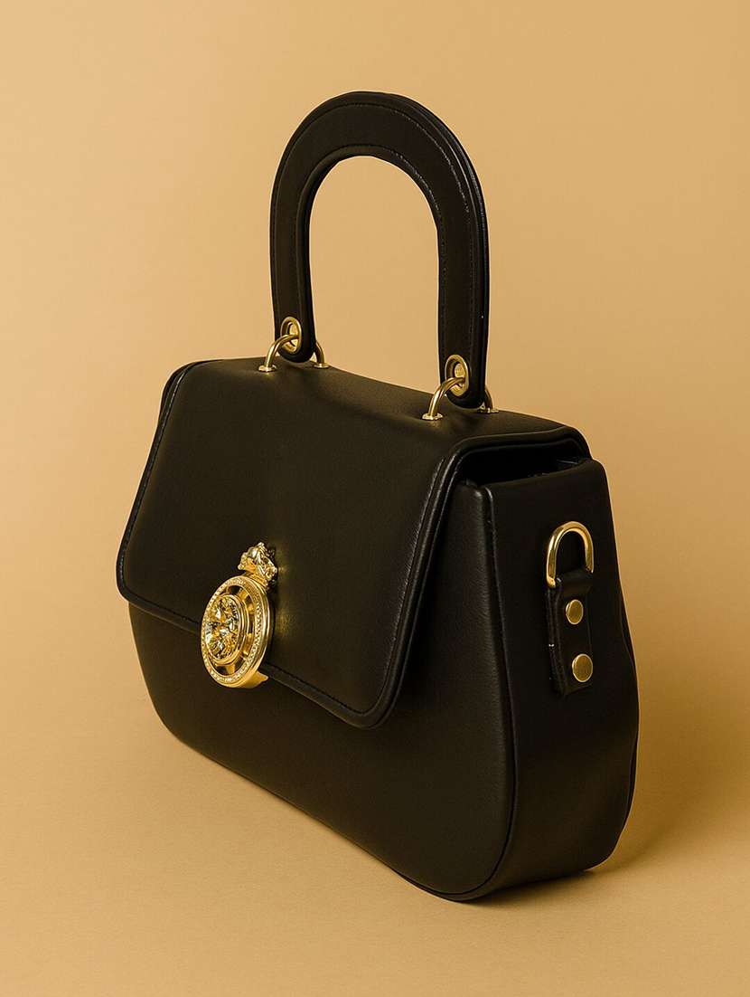 black solid handbag with detachable sling strap - 22225227 -  Standard Image - 2