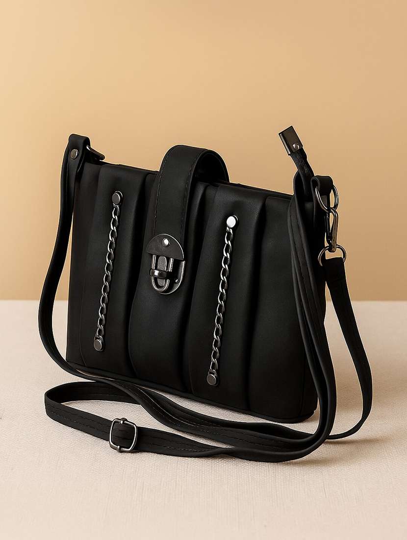 black pu sling bag with chain detail - 22225234 -  Standard Image - 2