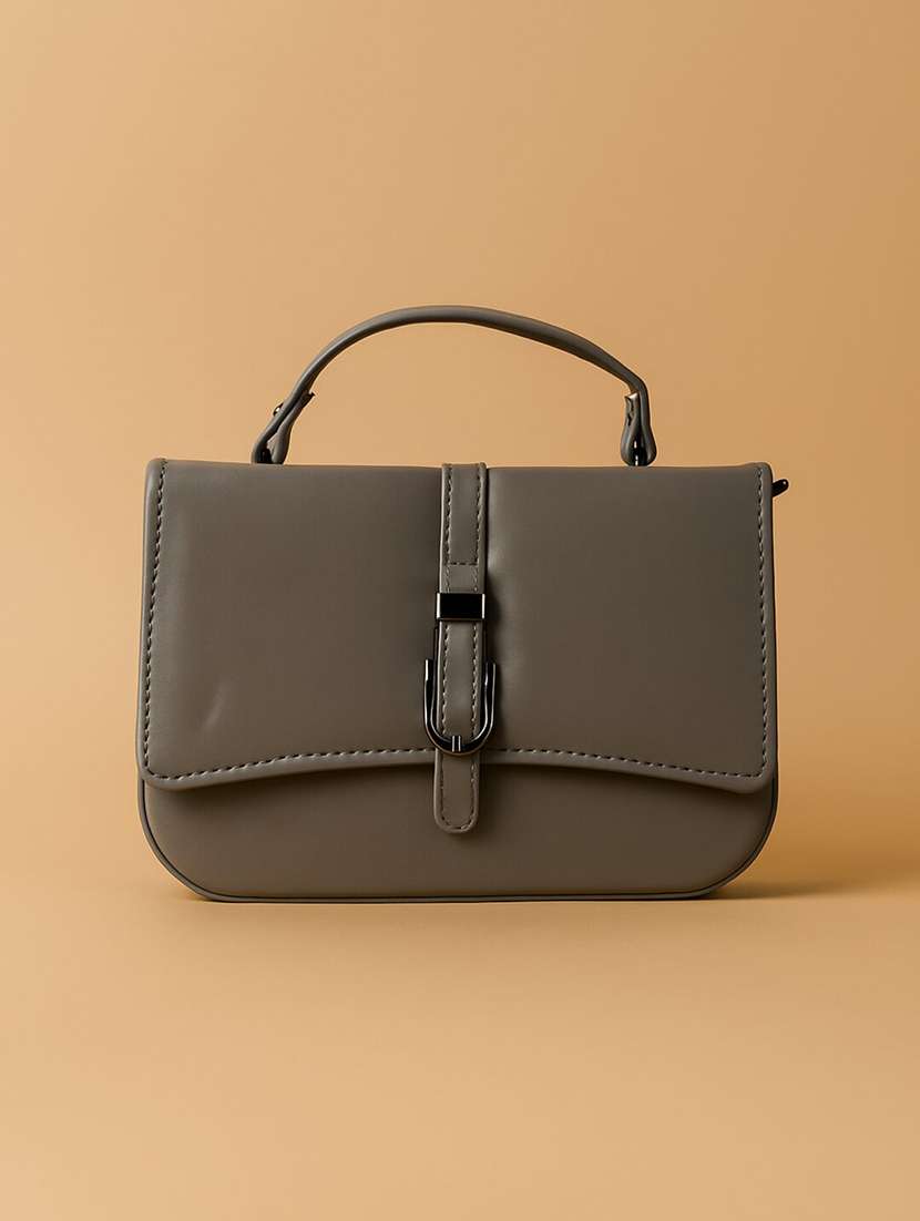 women grey pu sling bag with button closure