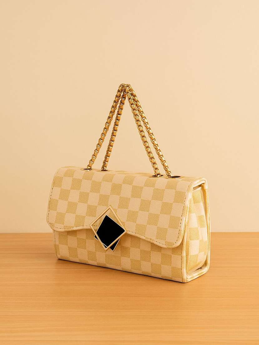 beige checks sling bag with chain straps - 22225241 -  Standard Image - 2