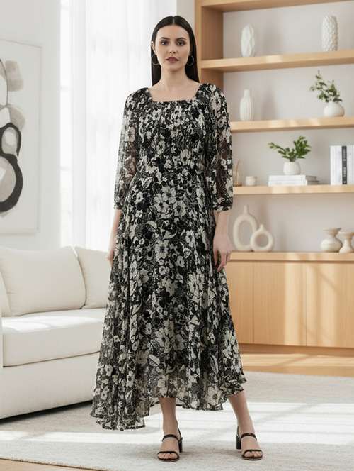 women printed puff sleeve fit & flare dress - 22225269 -  Standard Image - 0