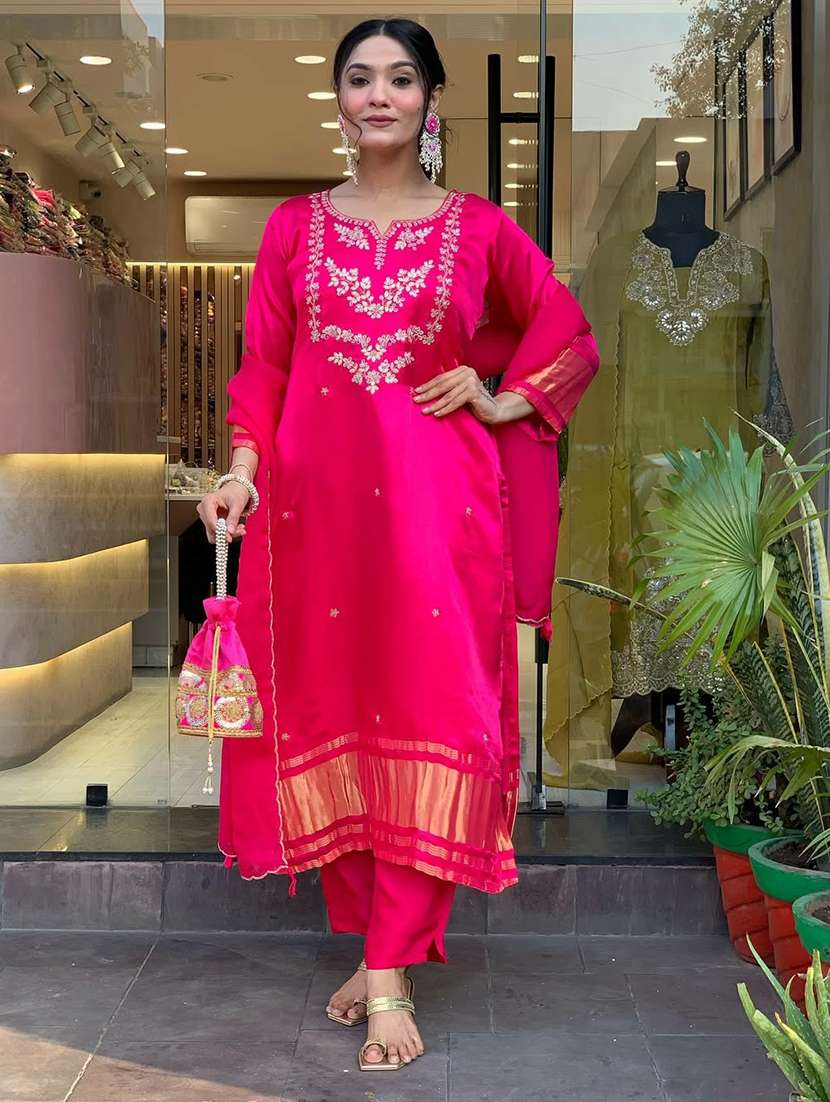 women solid with work three quarter sleeve kurta pant with dupatta set - 22225275 -  Standard Image - 2