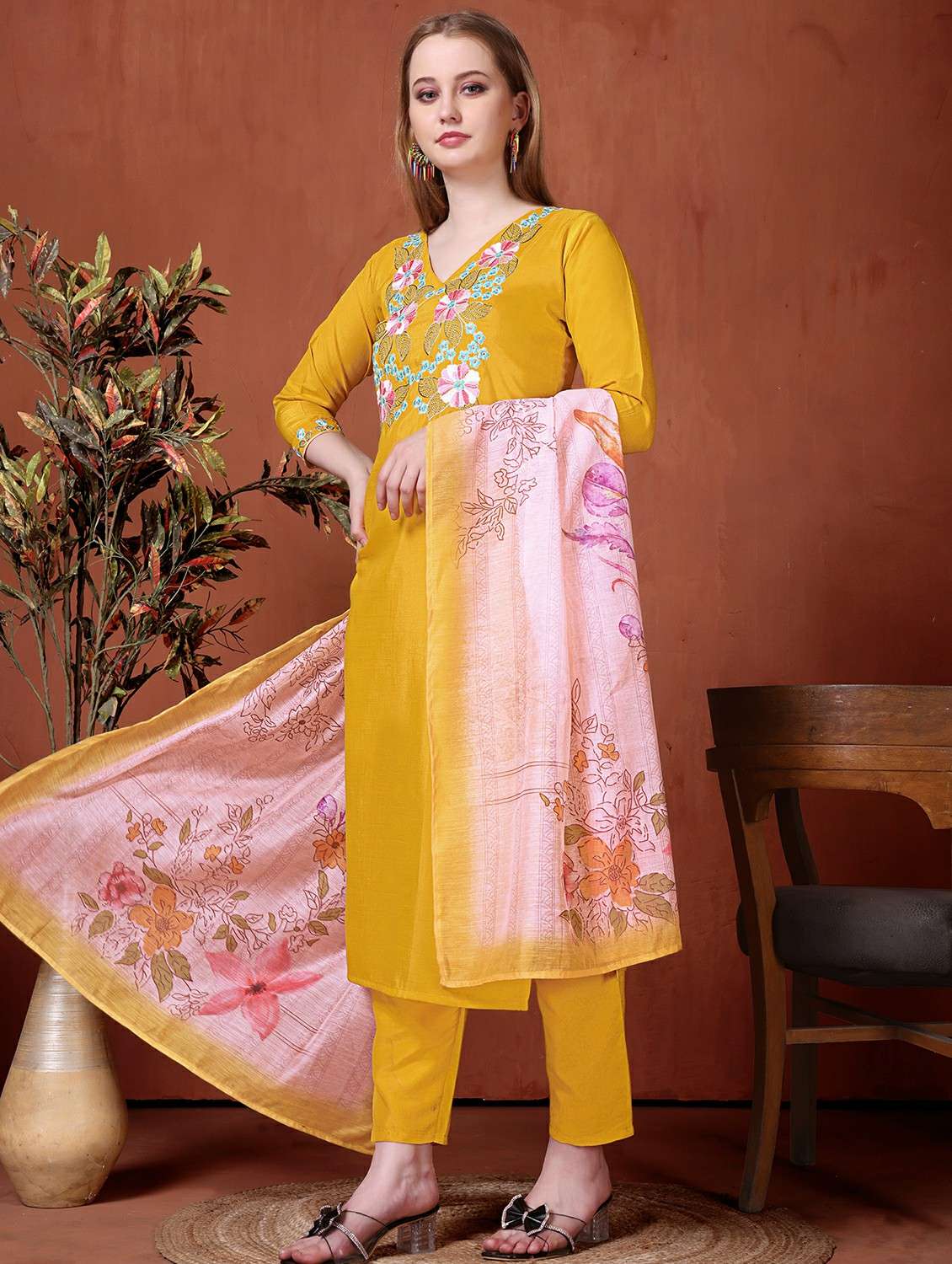 women solid with work three quarter sleeve kurta pant with dupatta set - 22225304 -  Standard Image - 2