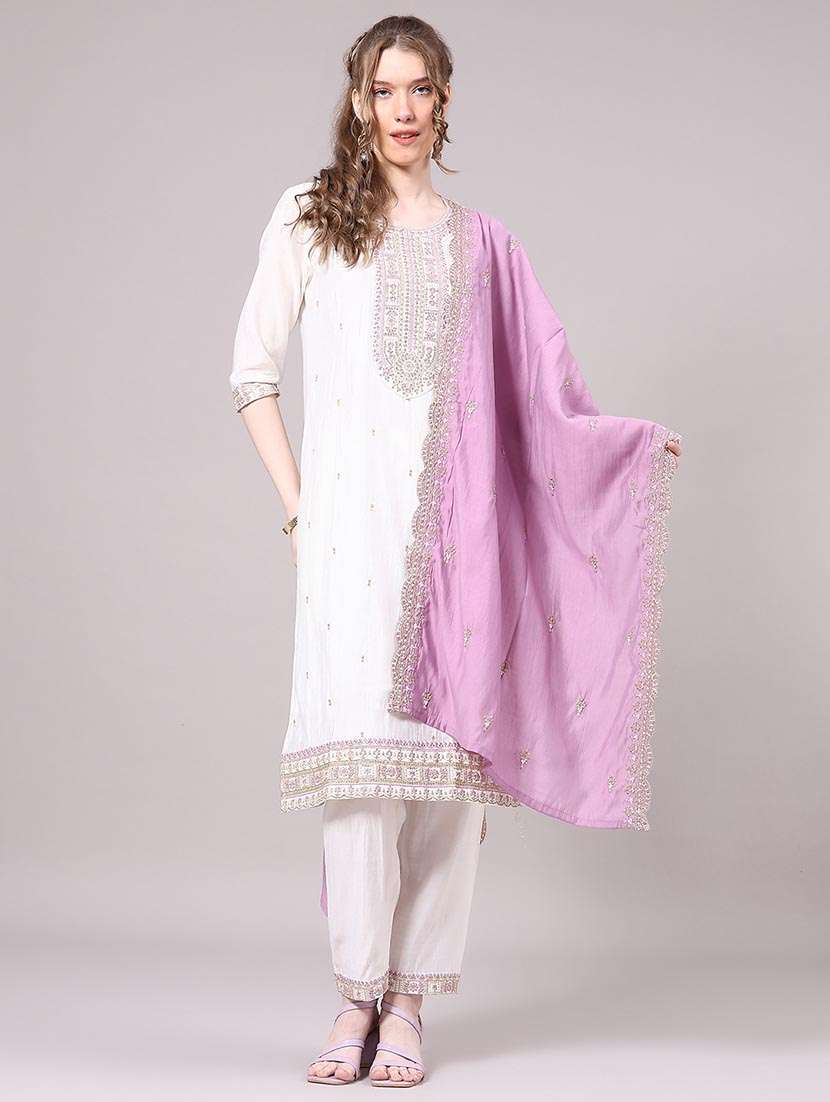 women solid with work three quarter sleeve kurta pant with dupatta set