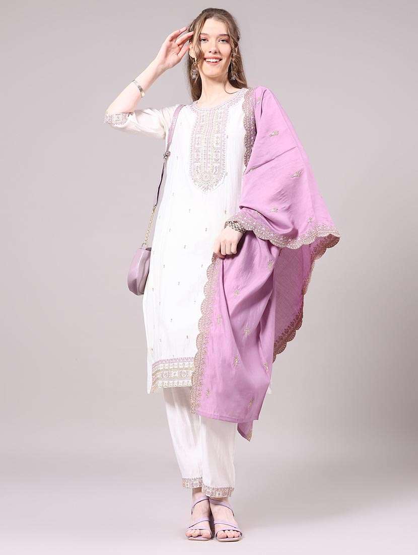 women solid with work three quarter sleeve kurta pant with dupatta set - 22226128 -  Standard Image - 2