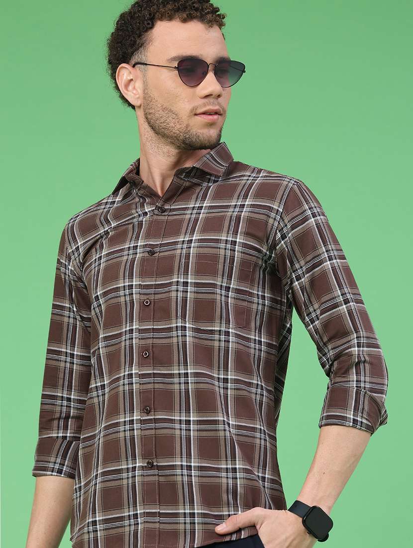men checkered long sleeve slim fit casual shirt