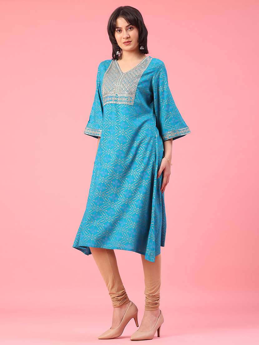 women printed bell sleeve a-line kurta - 22226259 -  Standard Image - 2