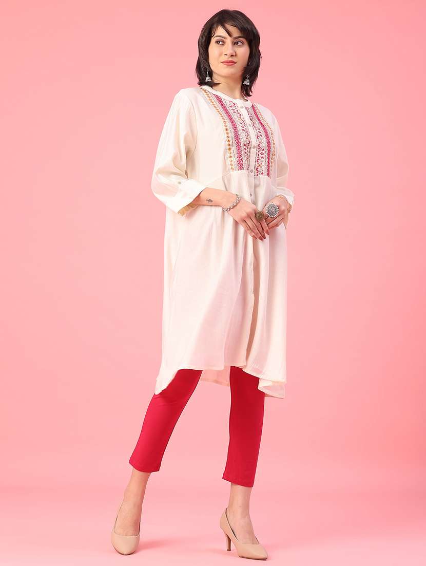 women solid with work three quarter sleeve a-line kurta - 22226289 -  Standard Image - 2