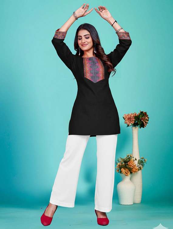 women embroidered three quarter sleeve straight kurti - 22226446 -  Standard Image - 2