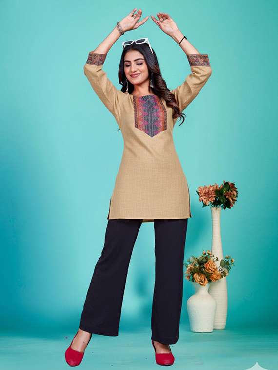women embroidered three quarter sleeve straight kurti - 22226447 -  Standard Image - 2