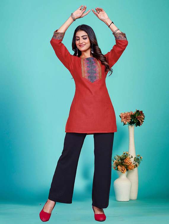women embroidered three quarter sleeve kurti - 22226449 -  Standard Image - 2
