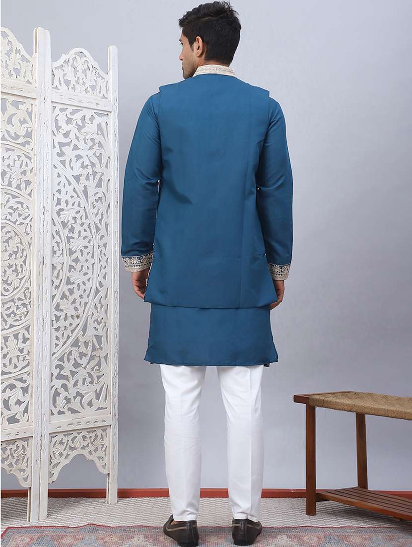 men solid with work mandarin neck kurta pyjama with jacket set - 22226459 -  Standard Image - 2