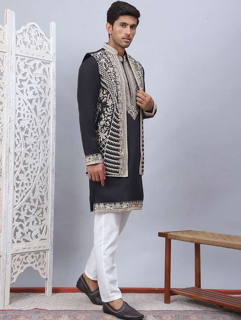 men solid with work mandarin neck kurta pyjama with jacket set - 22226462 -  Standard Image - 2