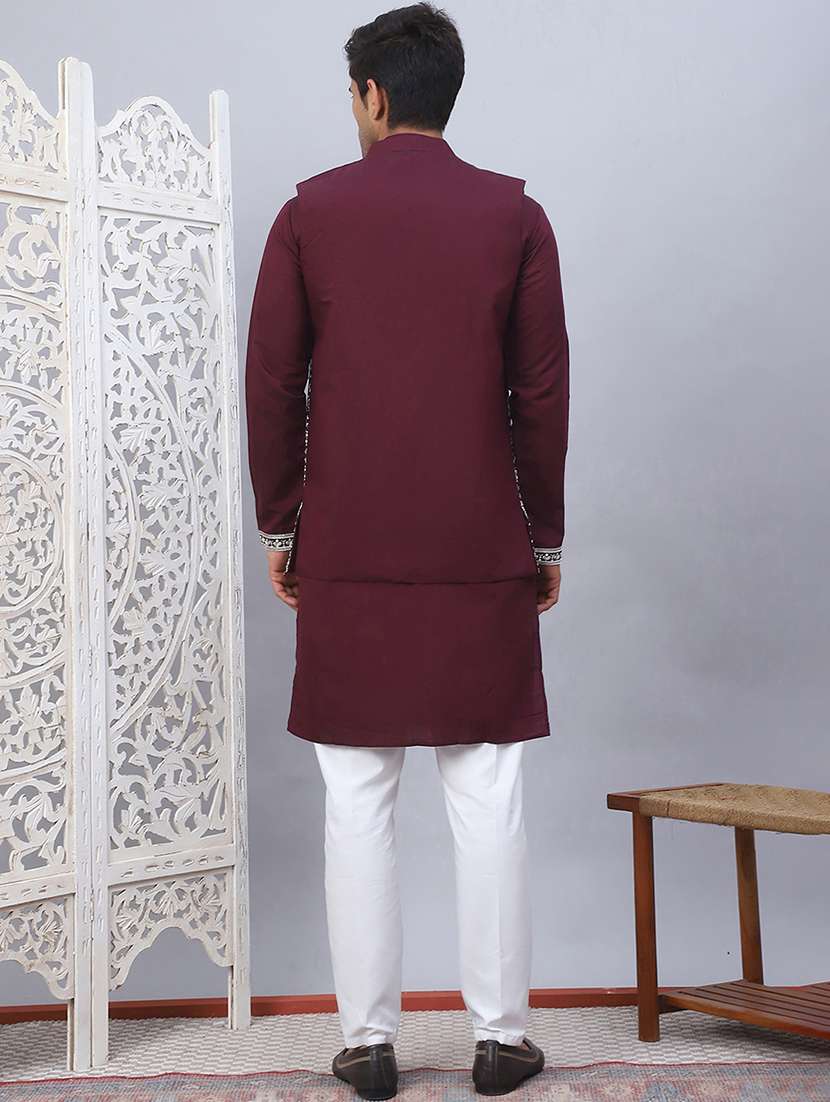 men solid with work mandarin neck kurta pyjama with jacket set - 22226465 -  Standard Image - 2