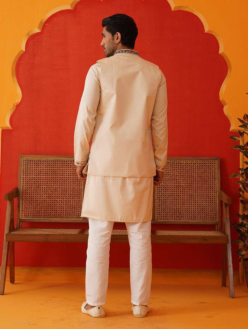 men solid with work mandarin neck kurta pyjama with jacket set - 22226470 -  Standard Image - 2