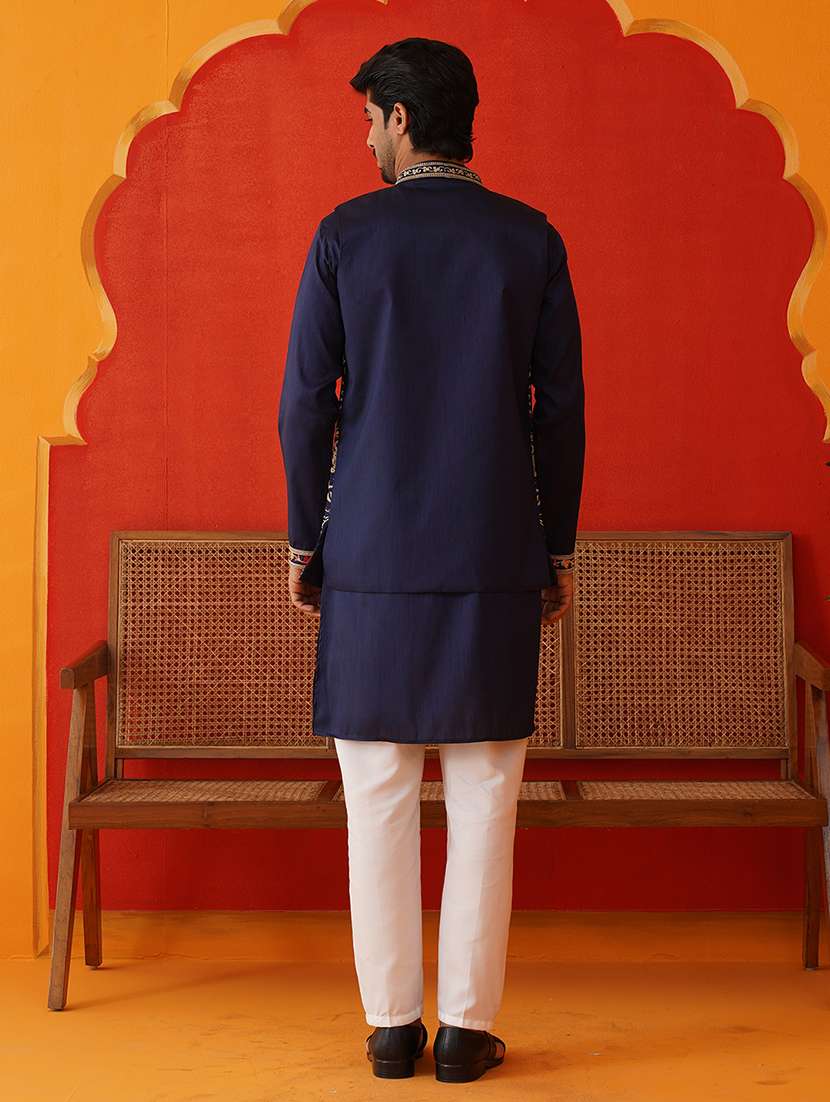 men solid with work mandarin neck kurta pyjama with jacket set - 22226471 -  Standard Image - 2