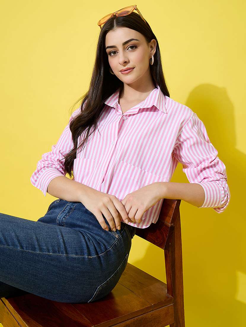 women striped long sleeve collared crop shirt