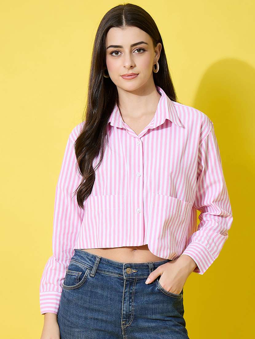 women striped long sleeve collared crop shirt - 22226515 -  Standard Image - 2