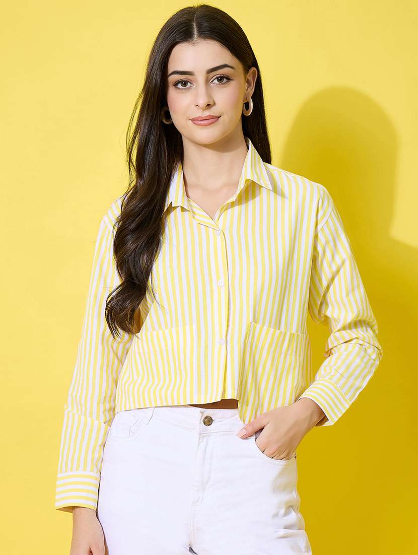 women striped long sleeve collared crop shirt - 22226516 -  Standard Image - 2