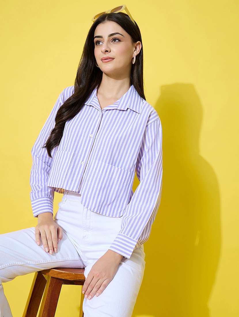 women striped long sleeve collared crop shirt
