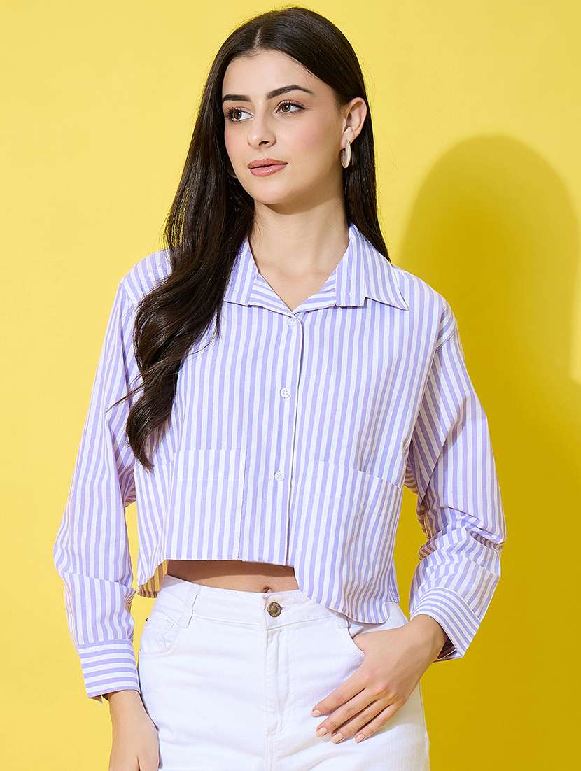 women striped long sleeve collared crop shirt - 22226518 -  Standard Image - 2