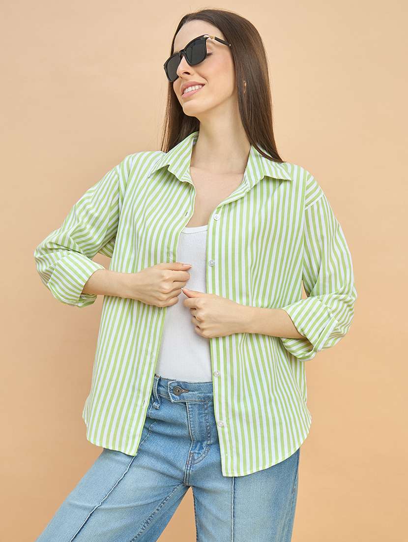 women striped collared long sleeve oversized shirt